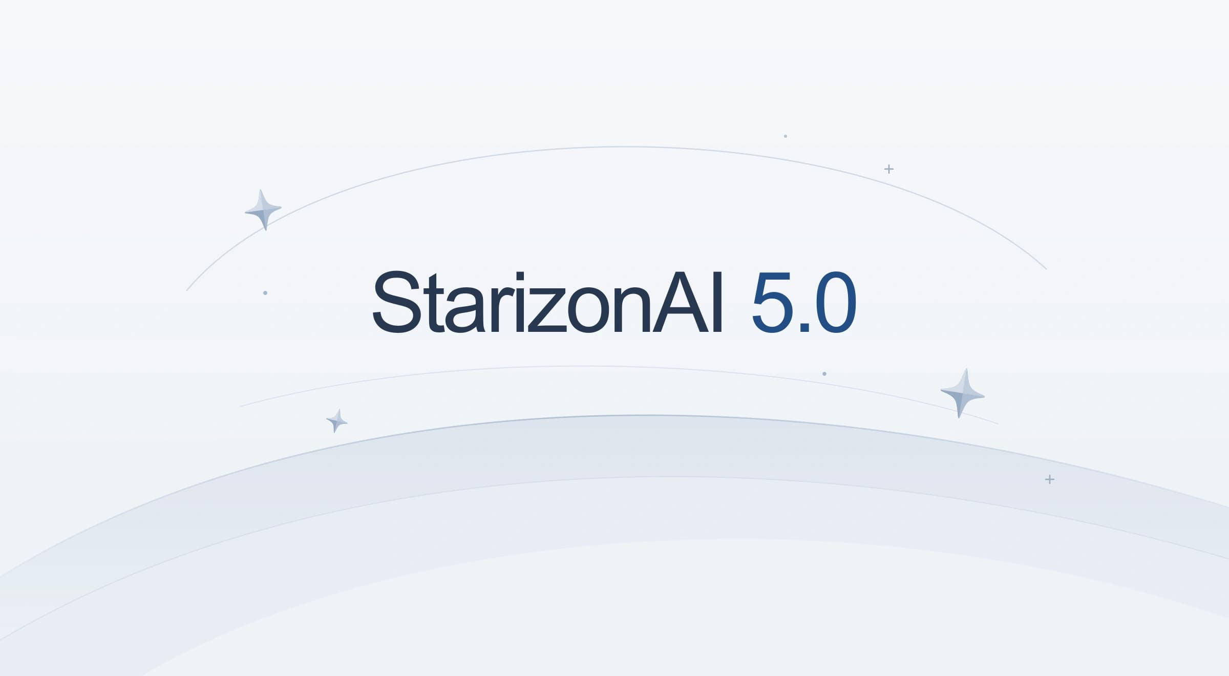 StarizonAI 5.0 centered above layered pale horizons, framed by three small matte stars