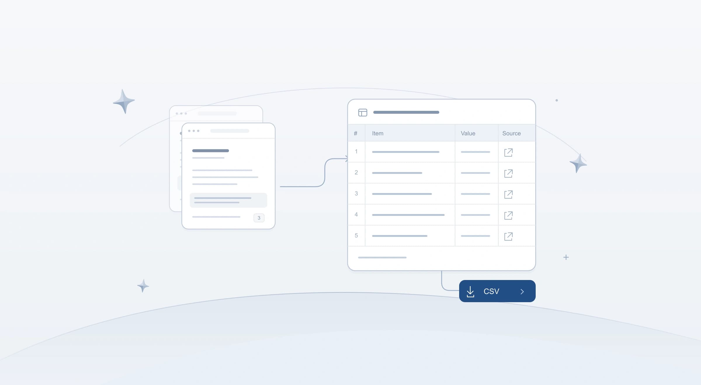 Outlined webpage records flowing into a table with source links and a blue CSV download, with small stars and a pale horizon