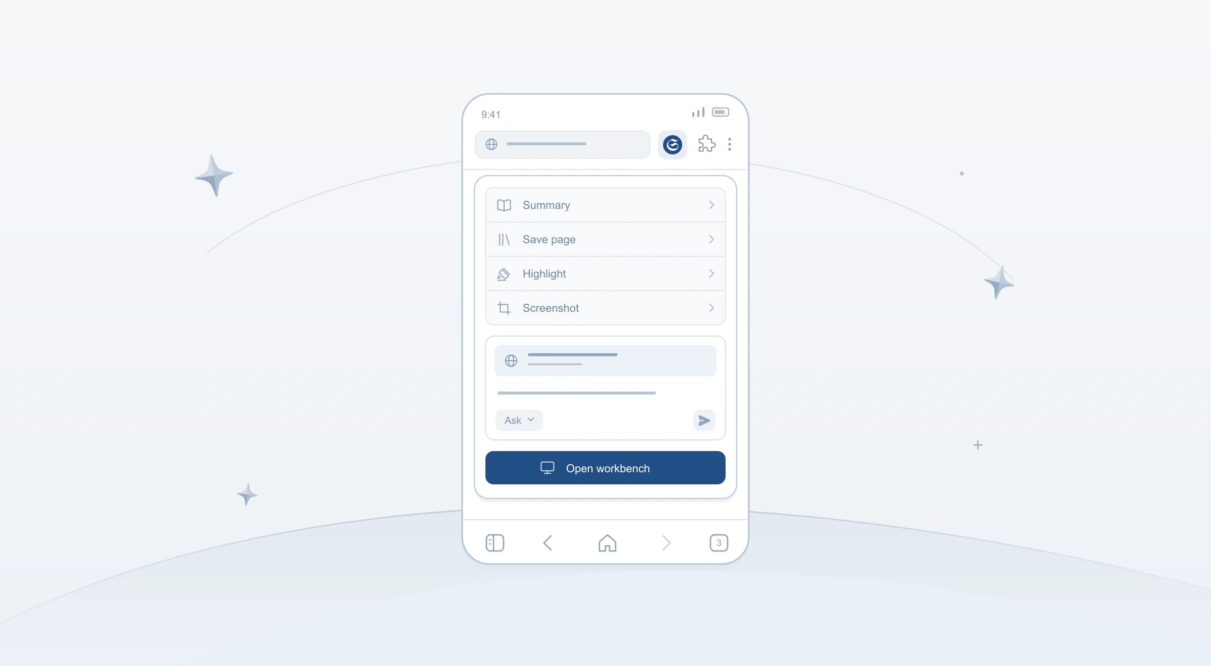 Line illustration of the Starizon extension popup in a mobile browser, with quick actions, Ask and Open workbench